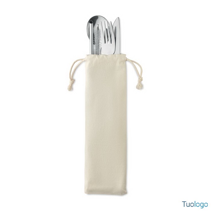 Coltello, forchetta, cucchiaio, cannuccia e spazzola in acciaio dentro custodia in tela con cordini
