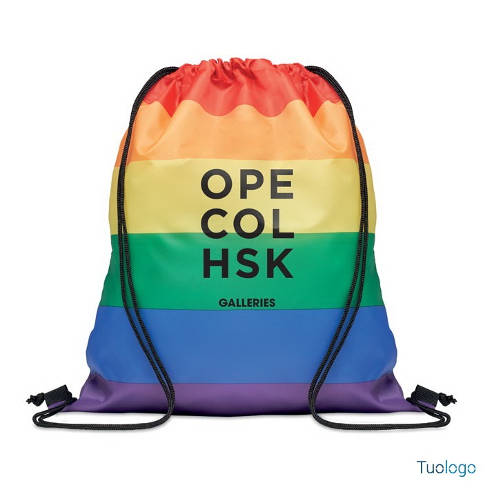 Sacca fantasia arcobaleno con laccetti neri e logo nero