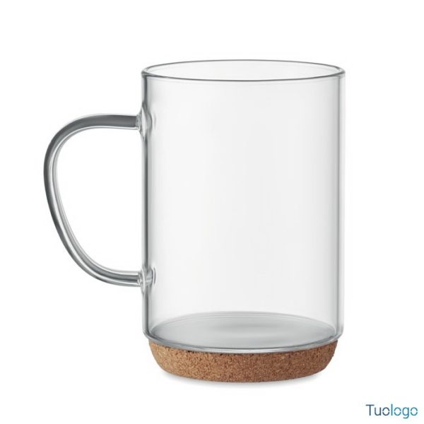 Tazza in vetro con manico e base in sughero