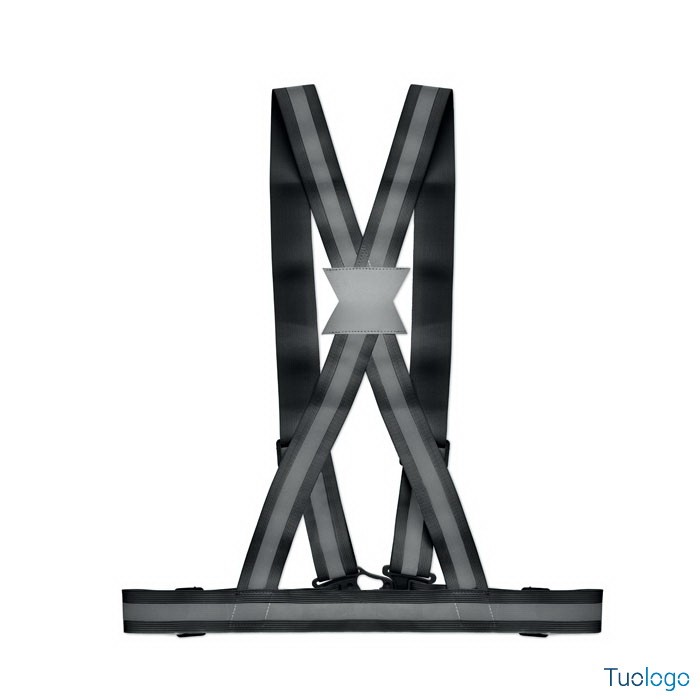 Cintura riflettente nera con strisce argentate, su sfondo bianco