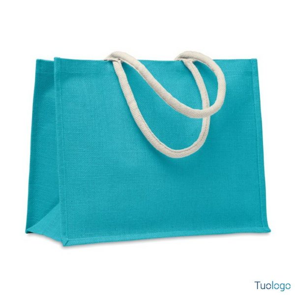 Shopper in juta azzurra con manici corti bianchi