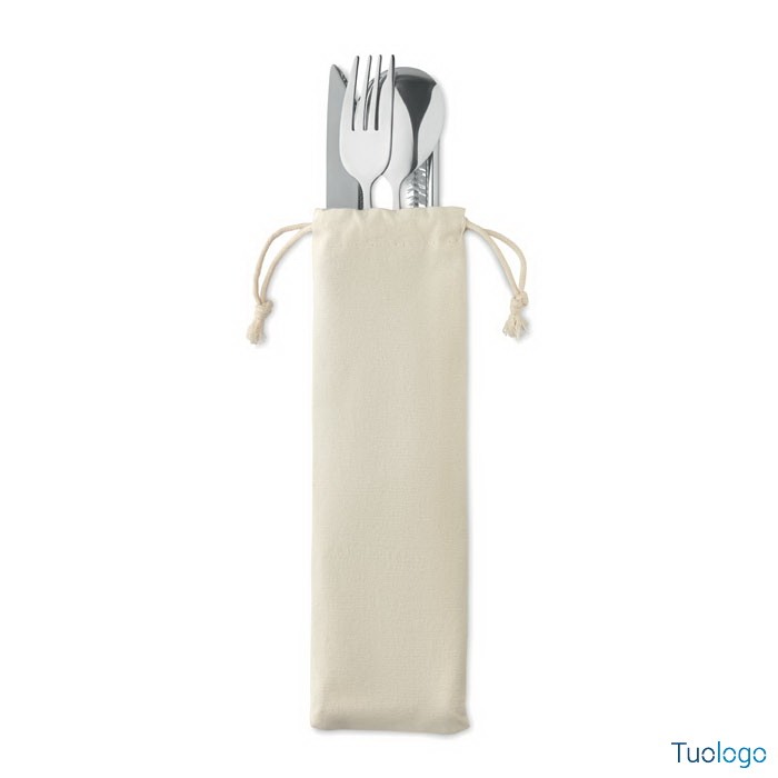 Coltello, forchetta, cucchiaio, cannuccia e spazzola in acciaio dentro custodia in tela con cordini