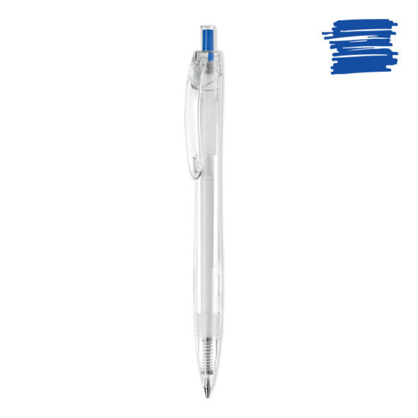 Penna trasparente con pulsante blu, su sfondo bianco