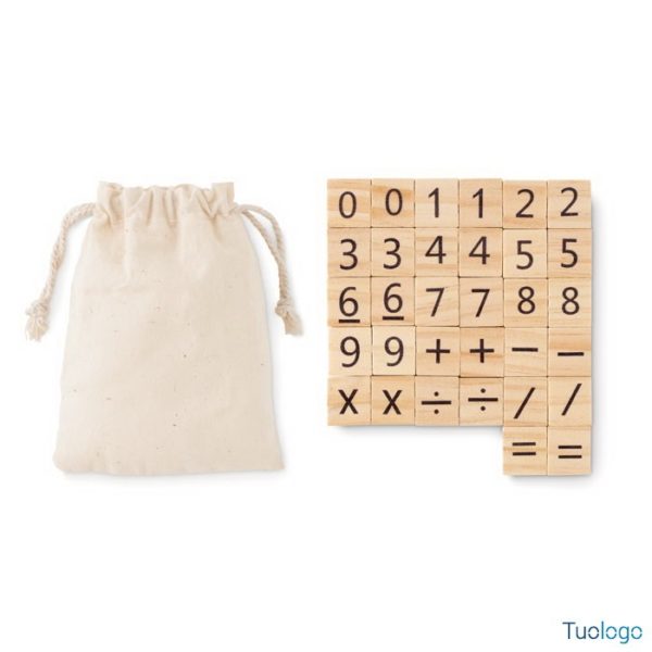 Gioco con tessere di legno e sacchetto di cotone con cordino