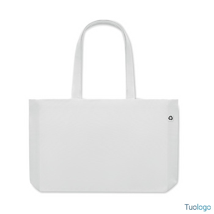 Shopper in tela bianca con manici lunghi, su sfondo bianco