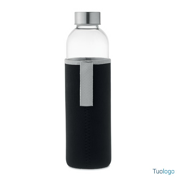 Bottiglia in vetro con pouch nero e tappo grigio