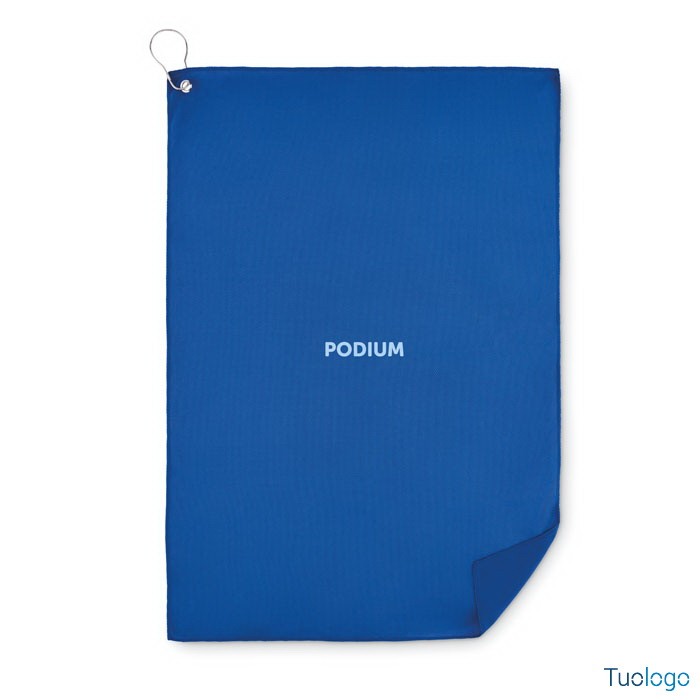 Telo blu con logo centrale bianco con gancio in metallo