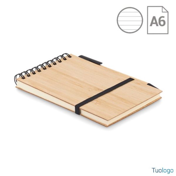 Quaderno A6 con copertina in bamboo, laccetto e penna a sfera