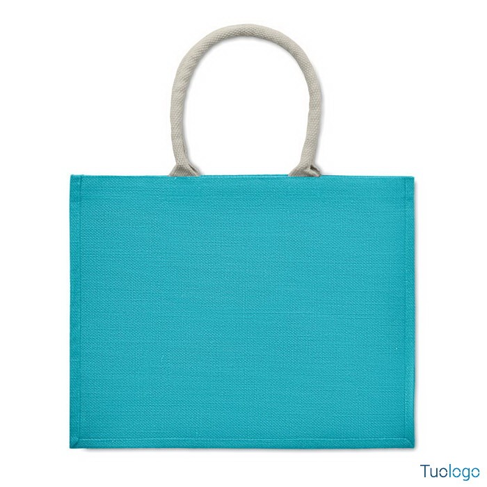 Shopper in juta azzurra con manici corti bianchi