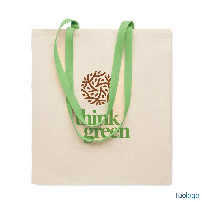 Shopper in cotone con logo verde e manici verdi