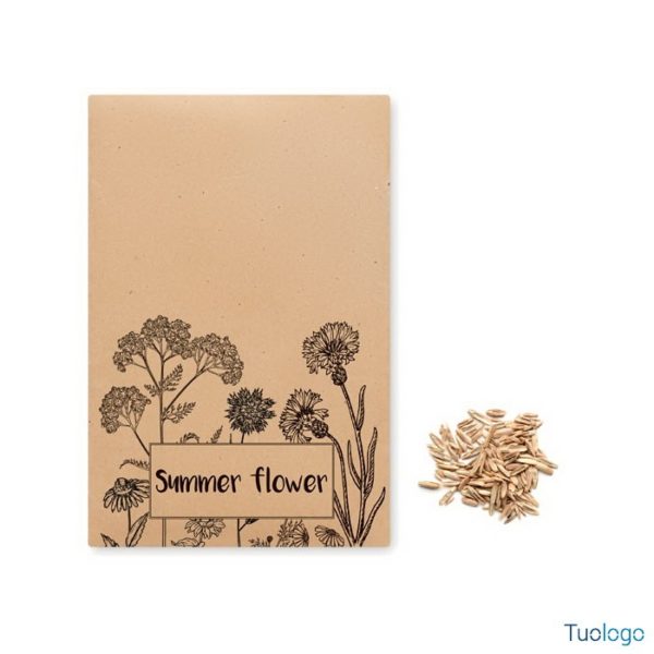 Busta in carta con logo fiori e scritta Bee flower, a lato dei semi