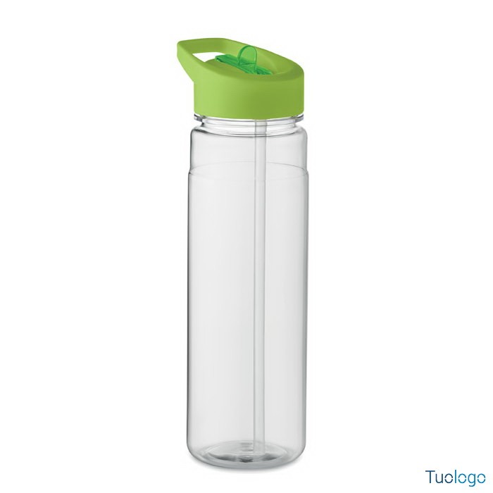 Borraccia trasparente con tappo verde con beccuccio, su sfondo bianco