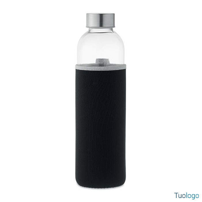 Bottiglia in vetro con pouch nero e tappo grigio
