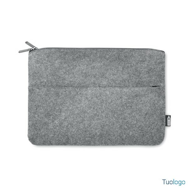 Borsa porta computer grigia con zip, su sfondo bianco