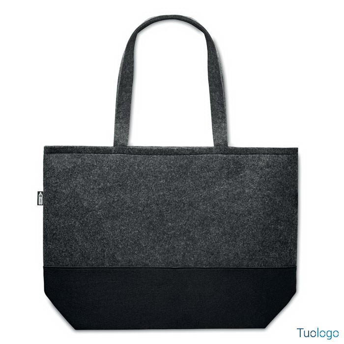 Shopper in feltro grigio con manici lunghi e base nera, su sfondo bianco