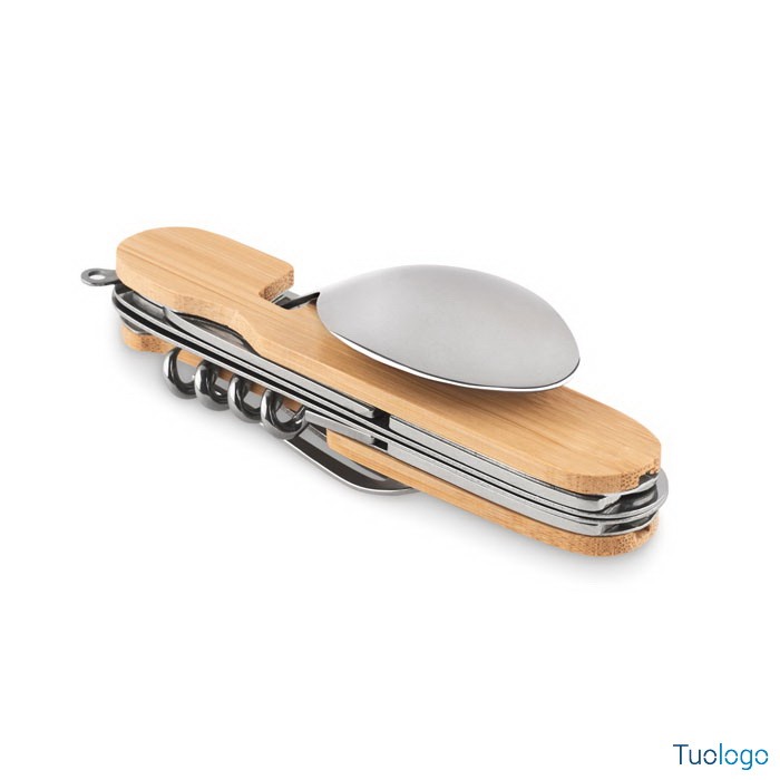 Posata multifunzione con corpo in legno con: forchetta, cucchiao, coltello, apriscatole e apribottiglie