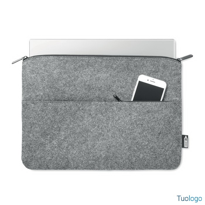 Borsa porta computer grigia con zip e tasca frontale, su sfondo bianco