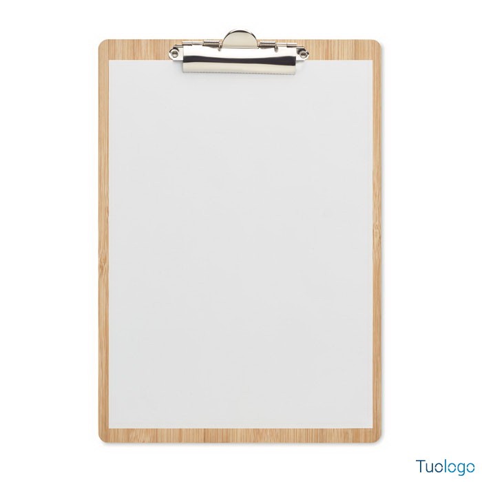 Cartella appunti in bamboo con pinza in metallo e foglio bianco