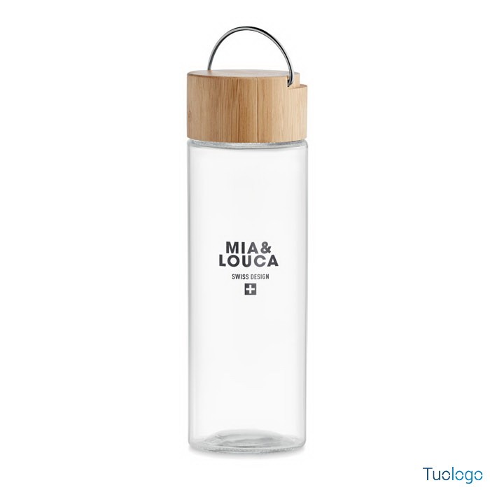 Bottiglia di forma cilindrica in vetro con logo nero con tappo in bamboo