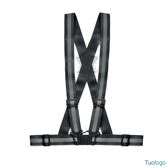 Cintura riflettente nera con strisce argentate, su sfondo bianco