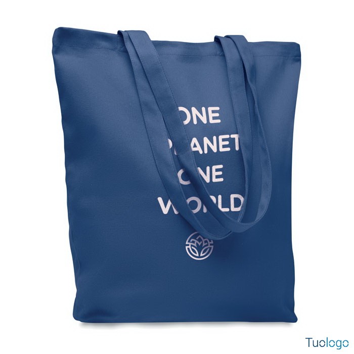 Shopper blu, con logo bianco centrale, con manici lunghi