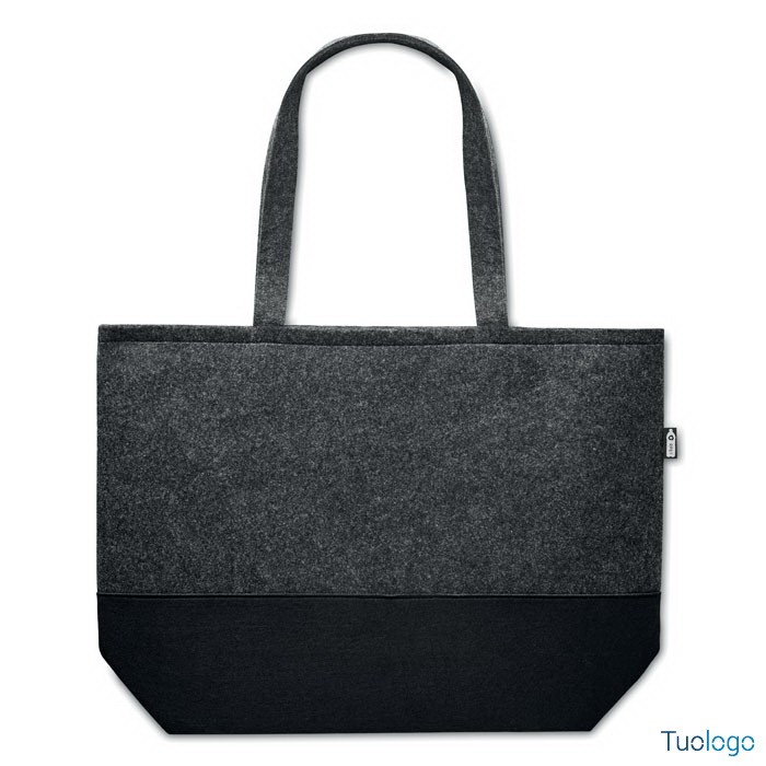 Shopper in feltro grigio con manici lunghi e base nera, su sfondo bianco