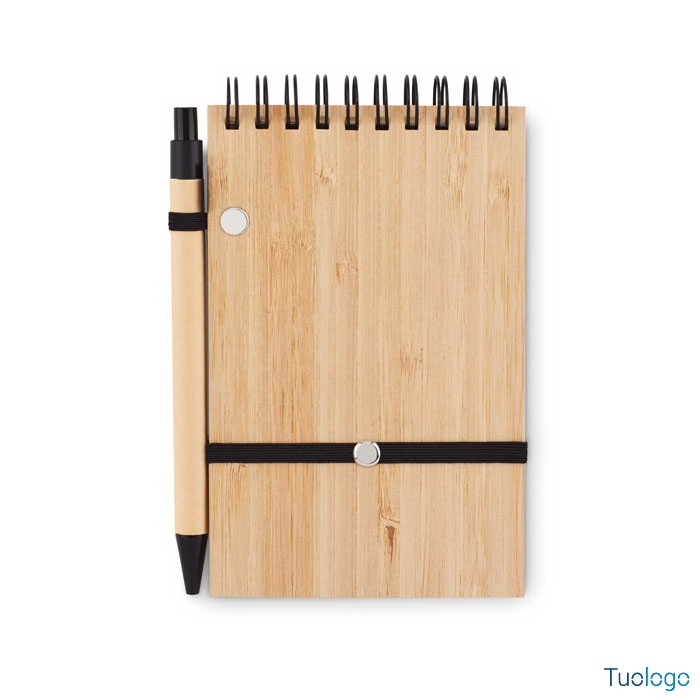 Quaderno A6 con copertina in bamboo, laccetto e penna a sfera
