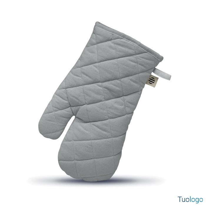 Guanto da forno grigio su sfondo bianco