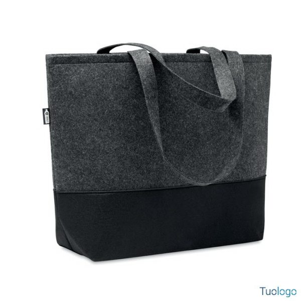 Shopper in feltro grigio con manici lunghi e base nera, su sfondo bianco