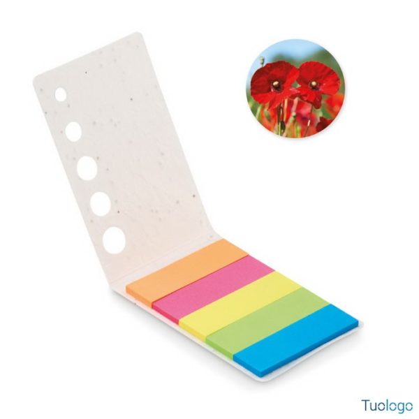 Set notes adesivi in cinque colori, sopra cerchio con fiori