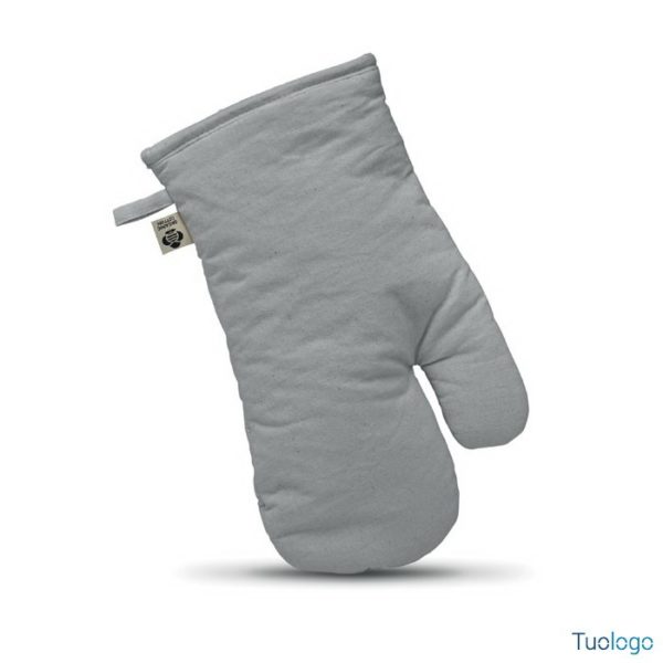 Guanto da forno grigio su sfondo bianco