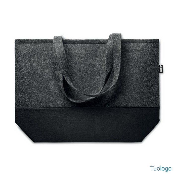 Shopper in feltro grigio con manici lunghi e base nera, su sfondo bianco