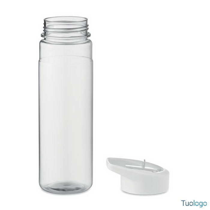 Borraccia trasparente con tappo bianco con beccuccio, su sfondo bianco
