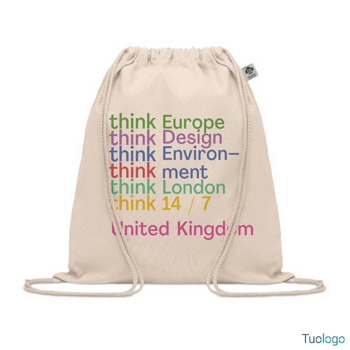 Sacca in cotone con cordino con logo multicolore sopra