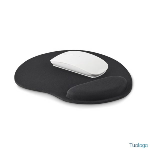 Tappetino mouse nero, con mouse sopra, con supporto per il polso