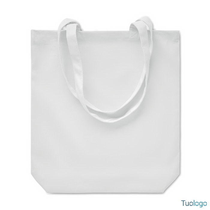 Shopper bianca con manici lunghi, su sfondo bianco