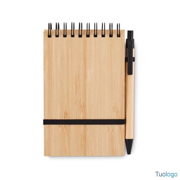 Quaderno A6 con copertina in bamboo, laccetto e penna a sfera