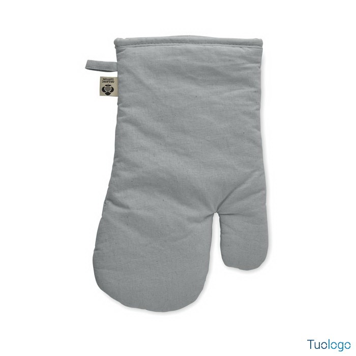 Guanto da forno grigio su sfondo bianco