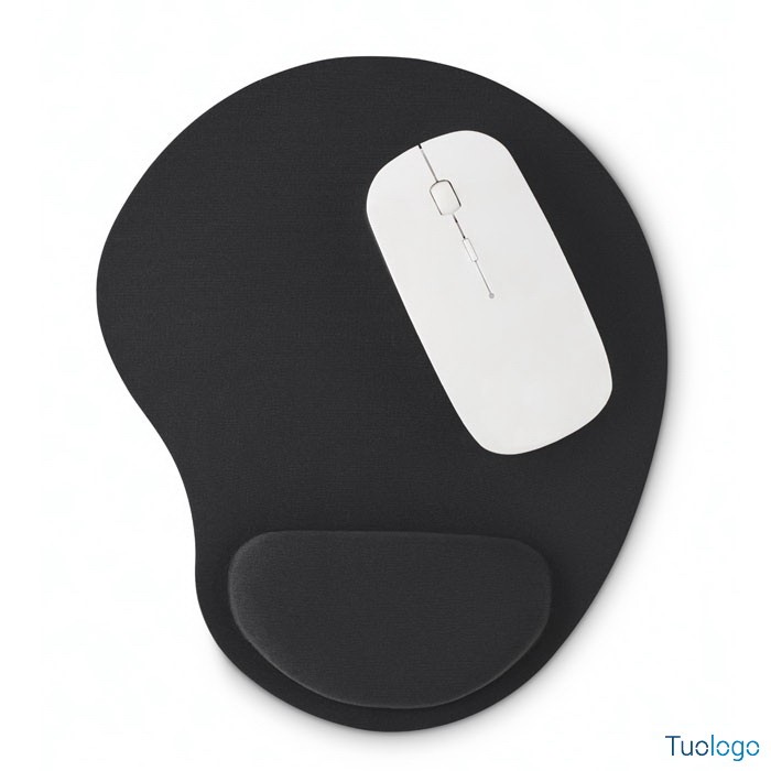 Tappetino mouse nero, con mouse sopra, con supporto per il polso