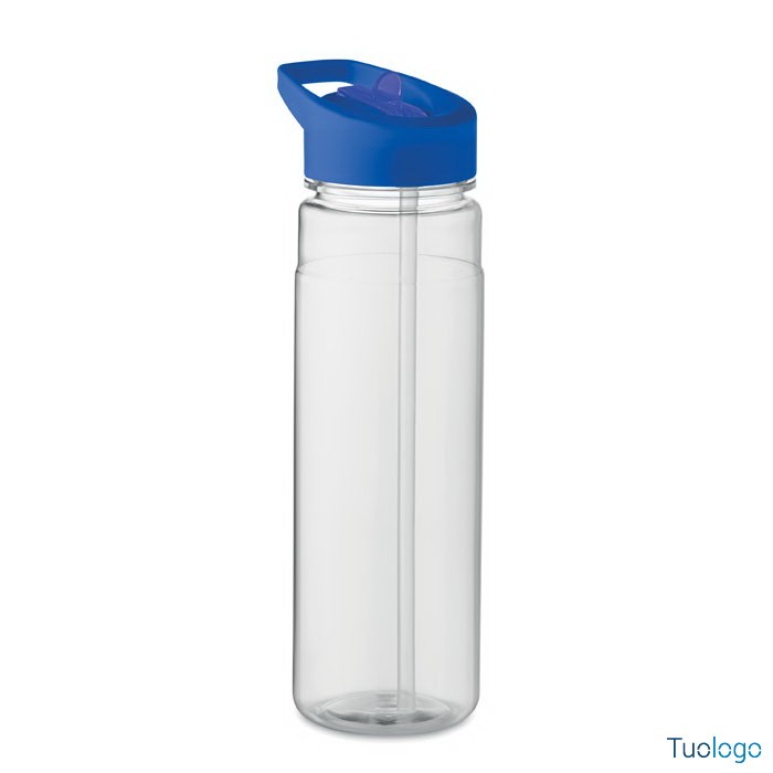 Borraccia trasparente con tappo blu con beccuccio, su sfondo bianco