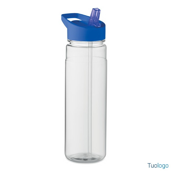 Borraccia trasparente con tappo blu con beccuccio, su sfondo bianco