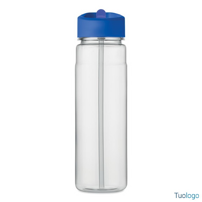 Borraccia trasparente con tappo blu con beccuccio, su sfondo bianco