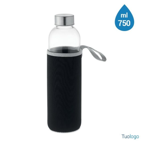 Bottiglia in vetro con pouch nero e tappo grigio
