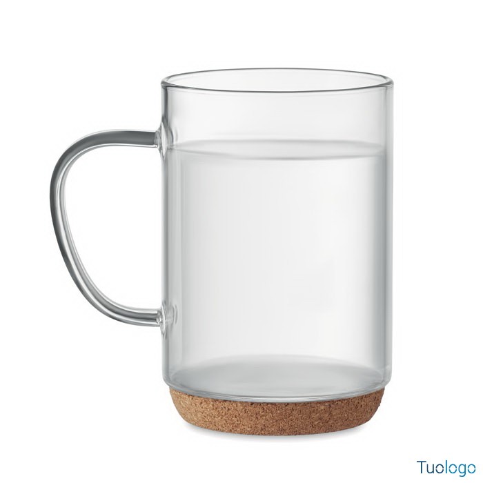 Tazza in vetro con manico e base in sughero