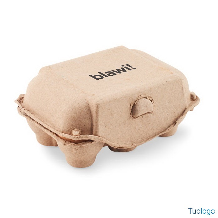 Confezione in cartone a forma di contenitore per uova, con logo nero