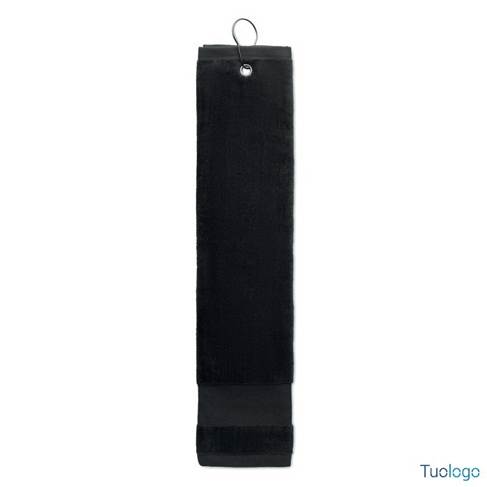 Asciugamano da golf nero con foro di rame e anello, su sfondo bianco