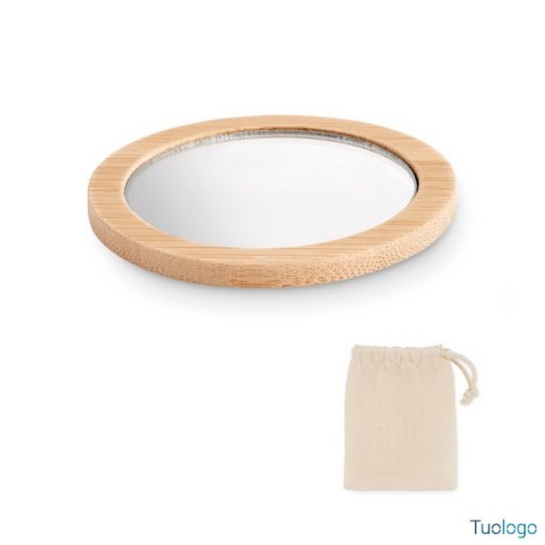 Specchio rotondo in bamboo con sacchetto in cotone