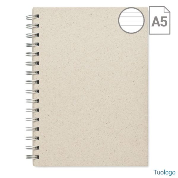 Blocnotes con copertina in cartone e anelli, su sfondo bianco