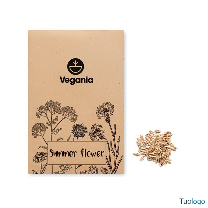 Busta in carta con logo fiori e scritta Bee flower, a lato dei semi