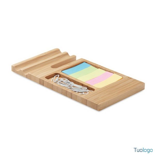 Supporto smartphone in legno con graffette e segnapagina colorati